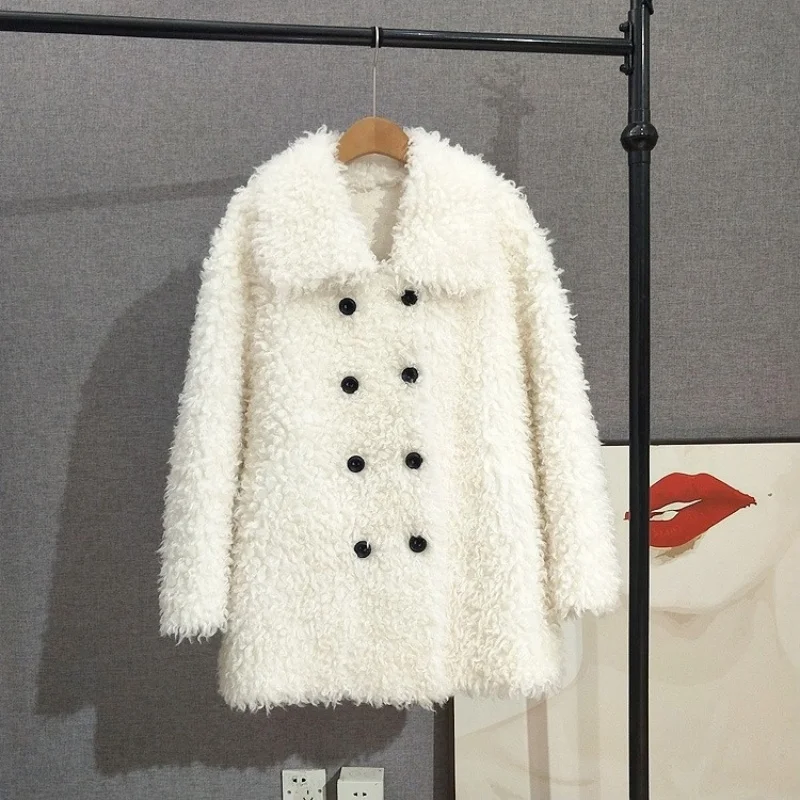 JT529 Women Wool Fur Jacket Mid-Length Double-Breasted Lapel Thickened Coat