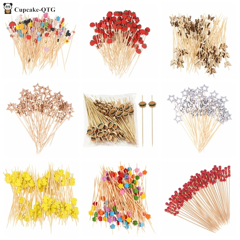 50/100Pcs Star Shape Bamboo Skewers Food Cocktail Picks Buffet Fruit Cupcake Fork Sticks Party Table Decoration Supplies 12/14cm