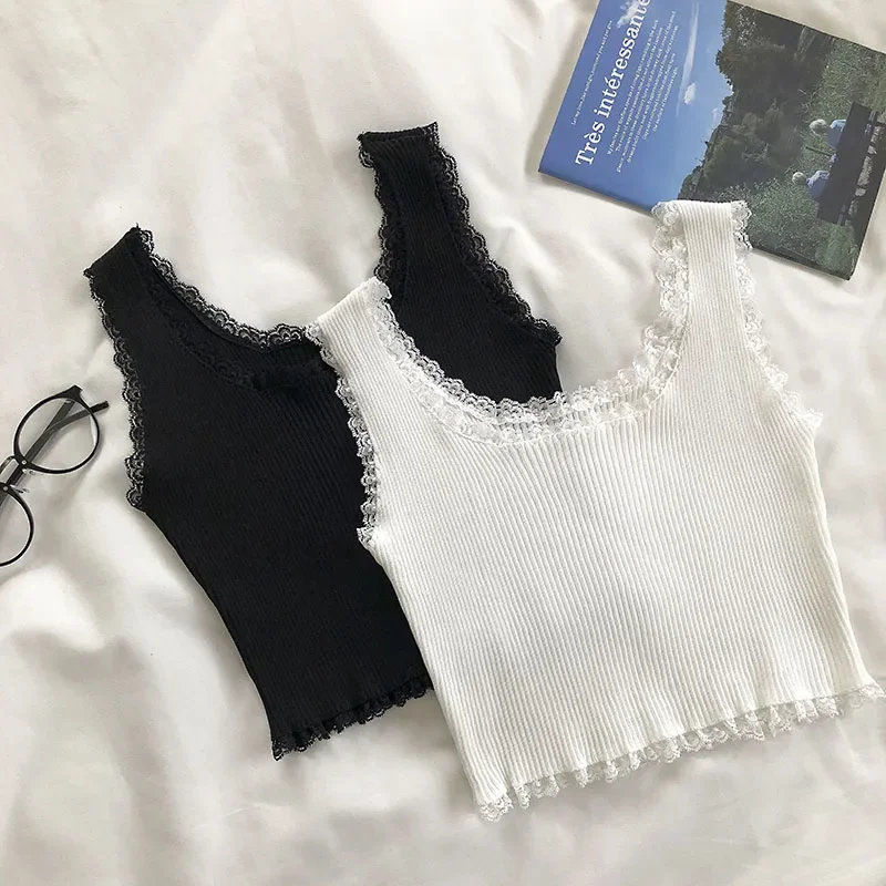 

Women Square Neck Tank Tops Women Sexy Lace Crop Top Cropped Flounce Tops Lady Basic Solid Crop Tops Women Summer 2024