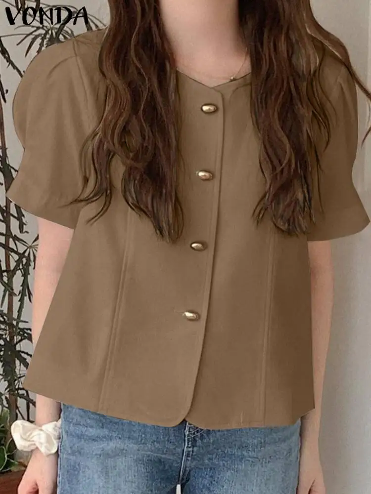 2023 VONDA Summer Elegant Shirts Fashion Blouse Women Short Sleeve Tops O-Neck Solid Color Casual Buttons Baggy Blusas Femininas