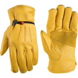 Men Cowhide Leather Gloves Cowhide Leather Gardening Gloves with Reinforced Palm Stretchable Wrist Tough Working Glove for Wood
