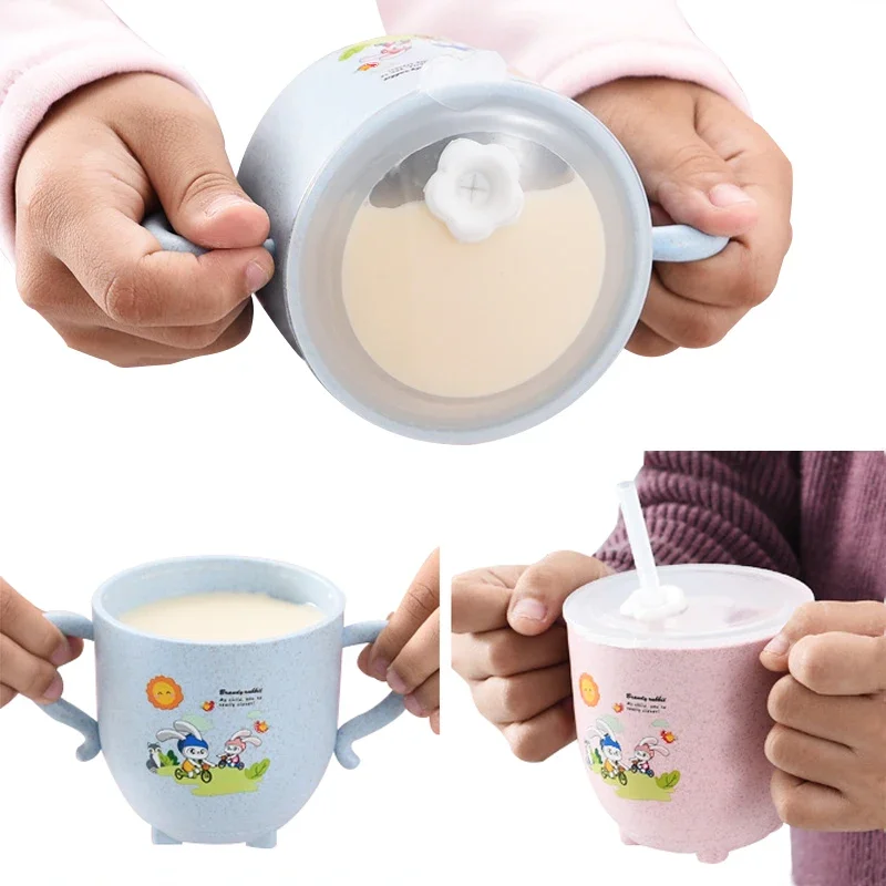 Taza de agua de aprendizaje para bebés, con asas dobles y tapa, a prueba de fugas, botella con pajitas, taza de entrenamiento para niños