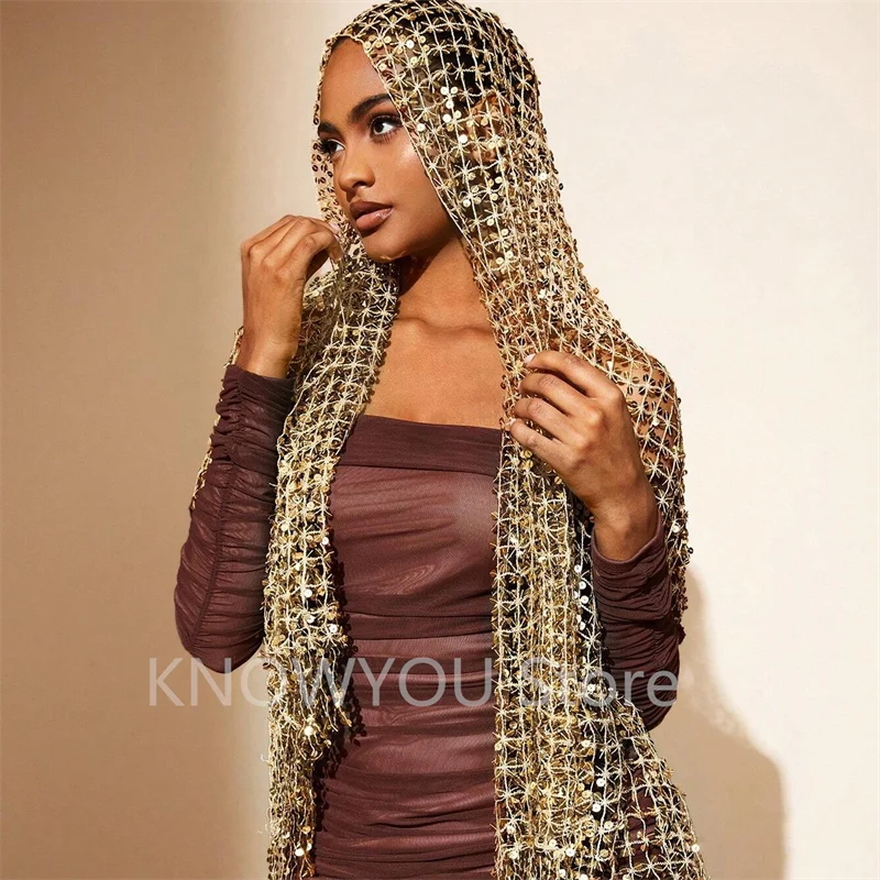 

Vintage Golden Sparkle Fringe Scarf Party Shawl Women Luxury Headscarf Sequin Deco Wraps Fringed Bride Bridesmaid Wedding Cape