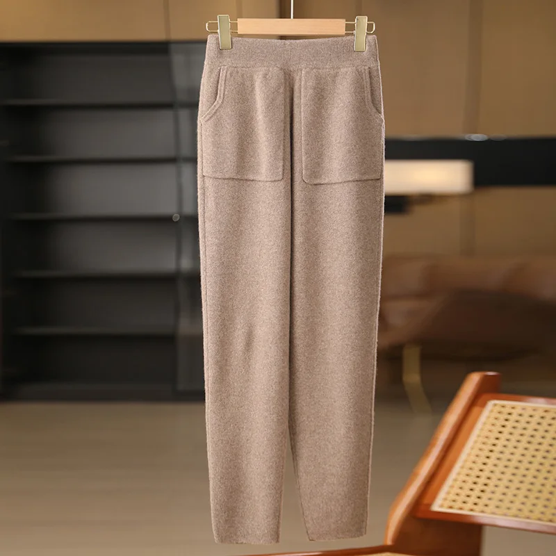 

High Quality Women Pure Wool Double Pocket Pencil Pants 100% Merino Wool Knitting Pants Spring Autumn Winter Fashion Trousers