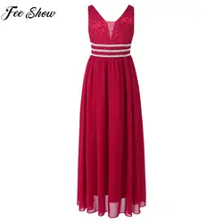 Child Girls Elegant Wedding Birthday Party Dress Sleeveless Shiny Rhinestone Chiffon Lace Maxi Princess Dress for Prom Pageant