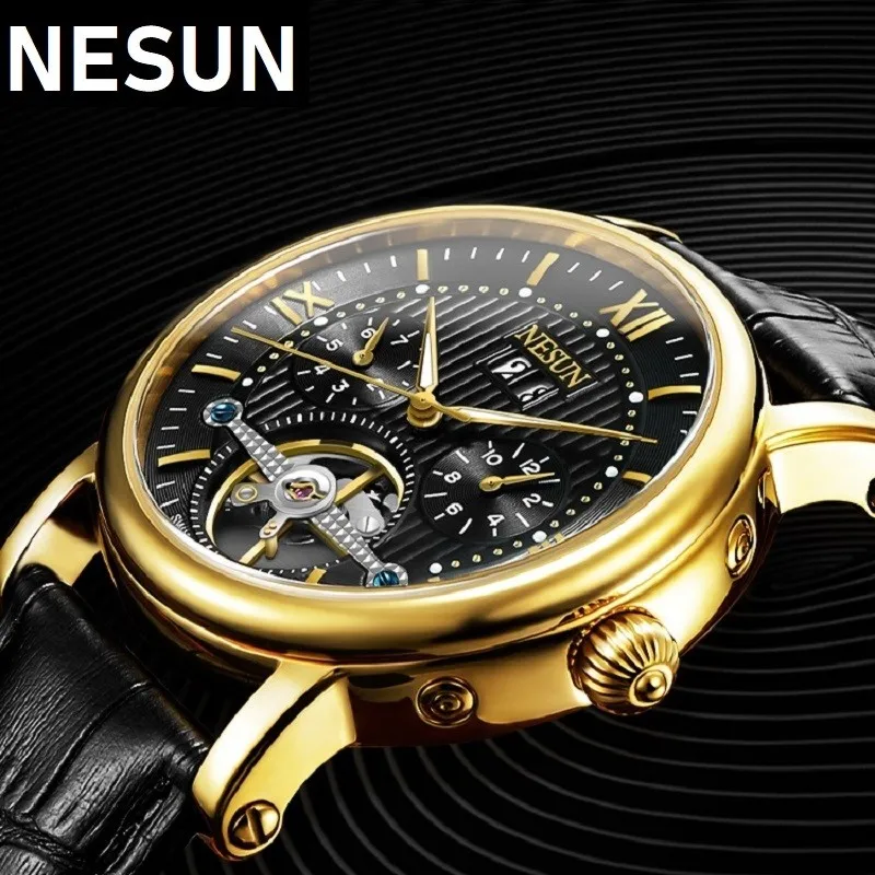 Nesun For Men Watch Automatic Wristwatch Double Flywheel Skeleton Mechanical Date 50m Waterproof Clock Male Relogio Masculino