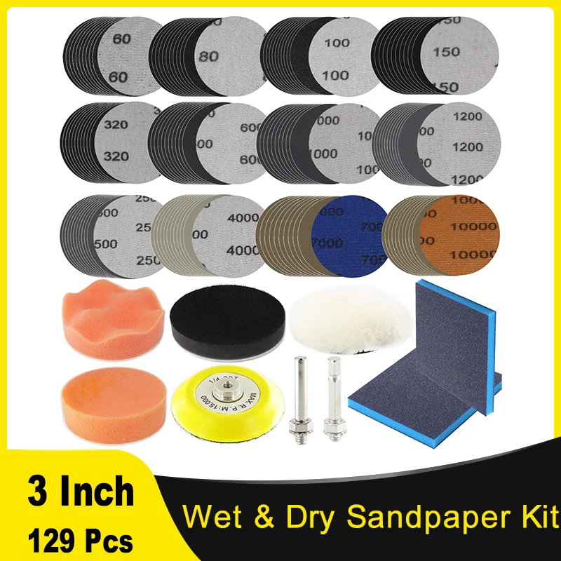 

3 Inch 75 MM Wet and Dry Sandpaper Kit 129 Pcs Grit 60-10000 with 1/4" Shank Backing Pad Sanding Sponge for Car Grinding