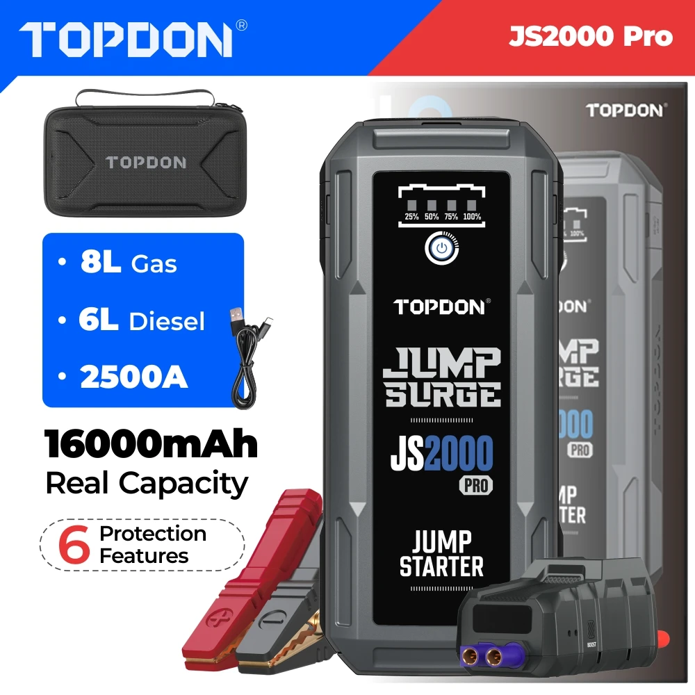 TOPDON Car 2500A Portable 12V Jump Starter Power Bank 12V Auto Battery Charger Booster Starting Device For 8.0L GAS/6.0L DIESEL JS2000 PRO