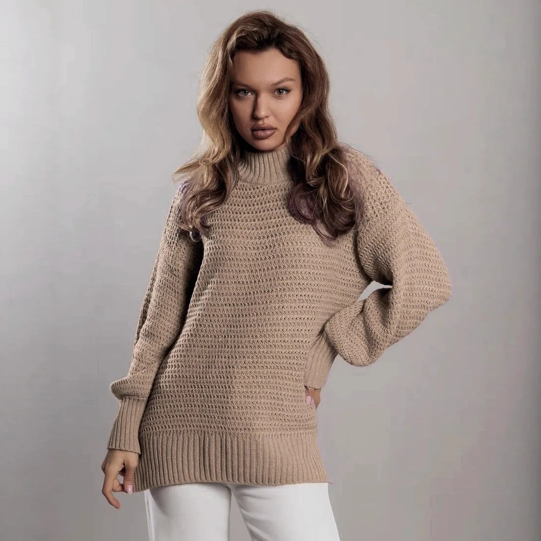 

2025 женский осенне-зимний пуловер, однотонный свитер с длинным рукавом и разрезом подол, облегающий трикотаж, свободная повседневная модная одежда, топы