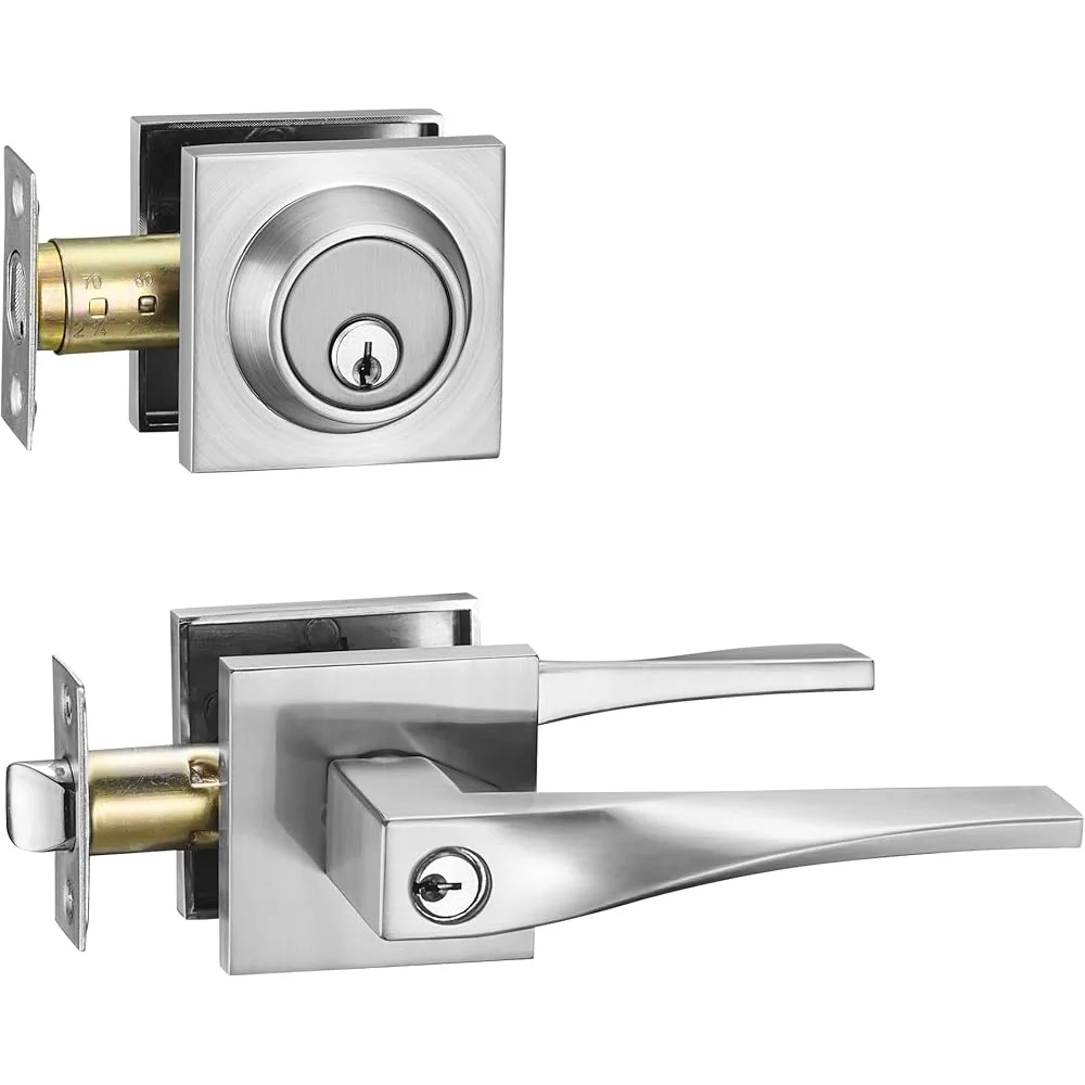 Sleek Entry Lever Door Handle Set with Deadbolt Lock Reversible Design Front Door Office High Security Metal Hardware