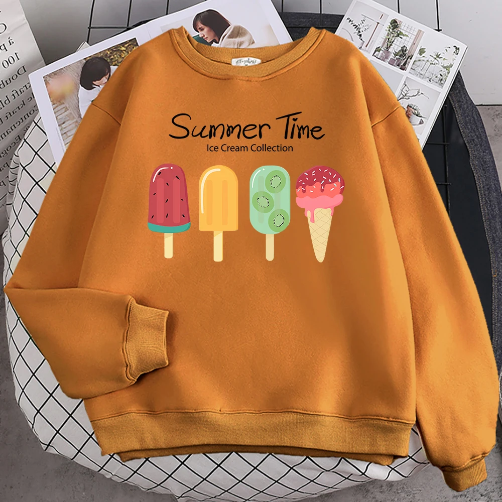 Street Funny Sweatshirts For Women Summer Time Fruit Ice Cream Collection Print Hoodie Soft Fleece Pullovers Loose Warm Clothes