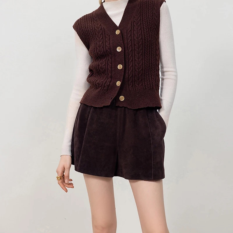 Retro Fashion Real Suede Shorts Spring Women Sheepskin Elastic Waist Pocket Slim Versatile A-Line Short Pants Casual Daily Wear