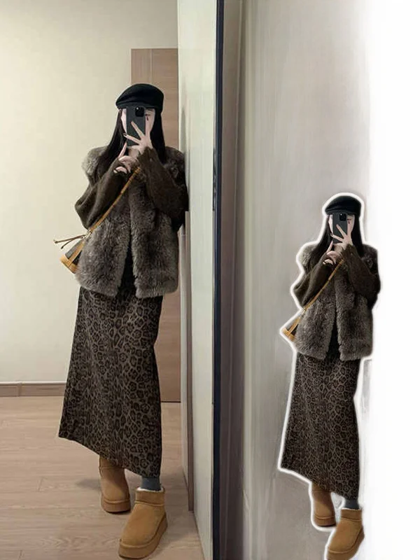 

Ретро-комплект из двух предметов: юбка и футболка с леопардовым принтом больших размеров для женщин, повседневный зимний модный ансамбль с высокой талией, свободный крой