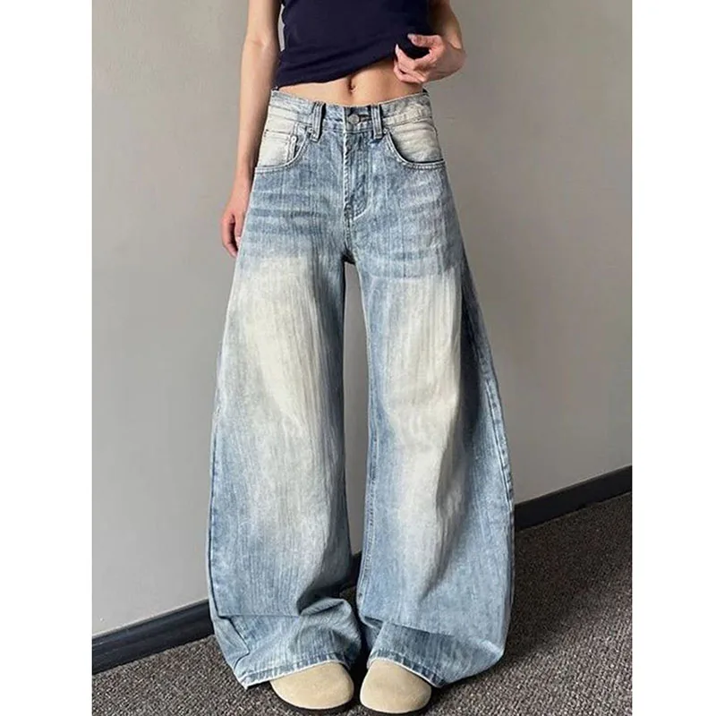 

Женские винтажные потертые джинсовые брюки, мешковатые джинсы в американском стиле ретро Y2K, широкие джинсы, женские светло-голубые ковбойские брюки с высокой талией
