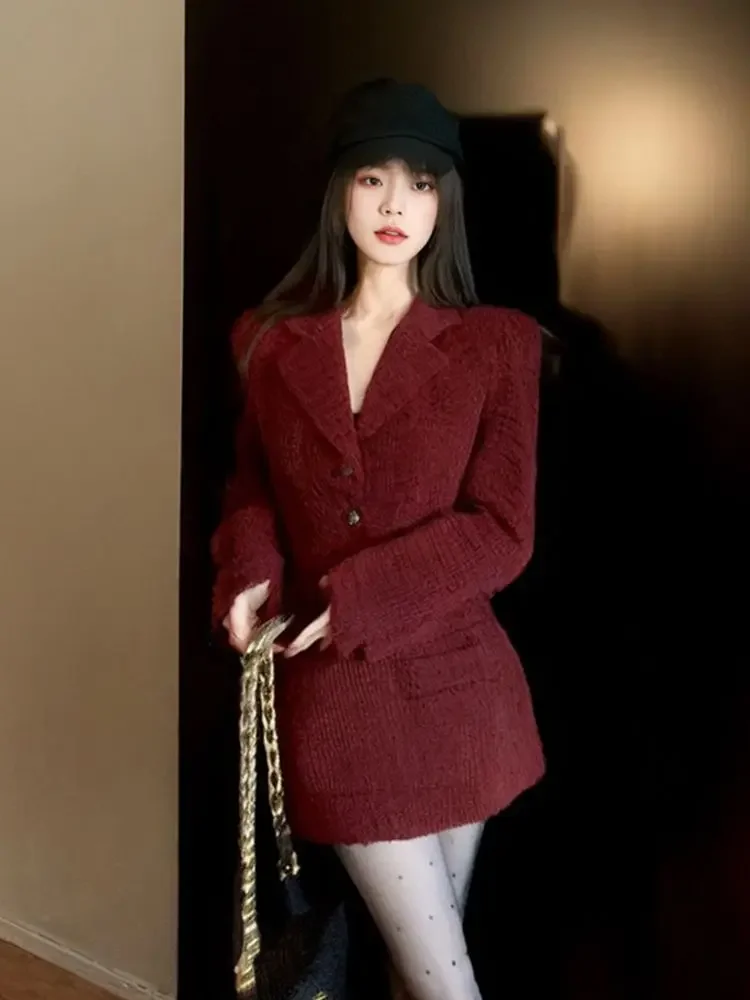 Insozkdg Winter New High-End Thick Red Suit Jacket and Skirt Set for Women Korean Fashion Slimming Christmas Outfit Lady Girl