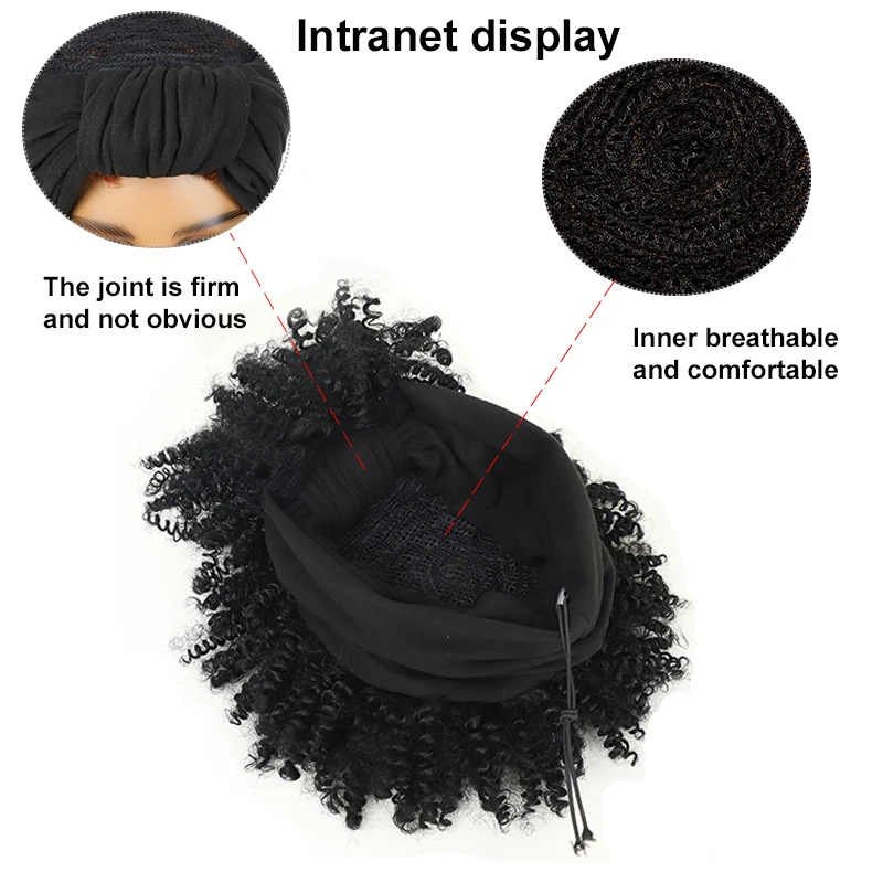 Wig keriting Afro sintetis bando Wig keriting Puff pendek dengan syal Wig ikat kepala keriting ikal hitam untuk wanita penggunaan sehari-hari Cosplay