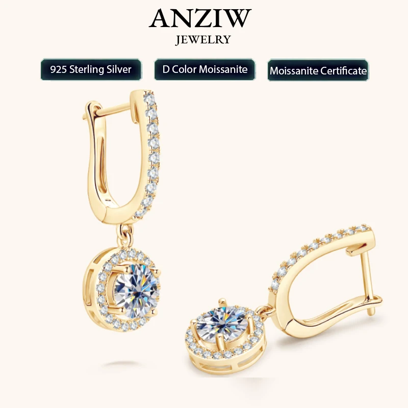 

Anziw 2023, женские серьги-кольца из серебра 925 пробы, золота, висячие серьги 1 карат с настоящим муассанитом, оригинальные сертифицированные свадебные украшения, подарки
