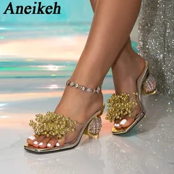 Aneikeh Summer Fashion Transparent Slippers for Women Golden Pearl Designer Thick Sandals Crystal Strange Clear Heels Dress Shoe