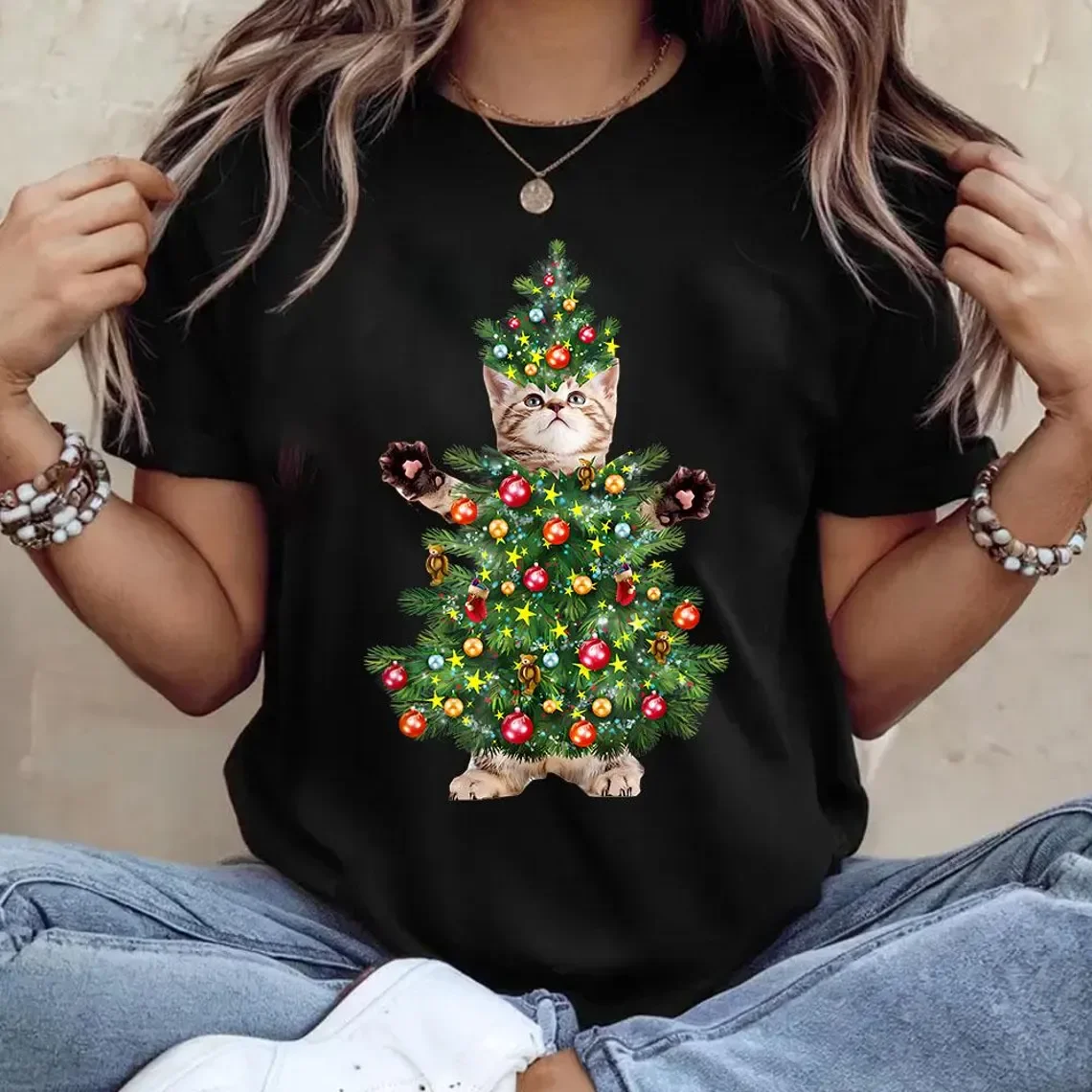 Weihnachten Kätzchen Grafik T-shirt männer Frauen Mode Vintage T-shirts Casual Übergroßen T-shirt Streetwear