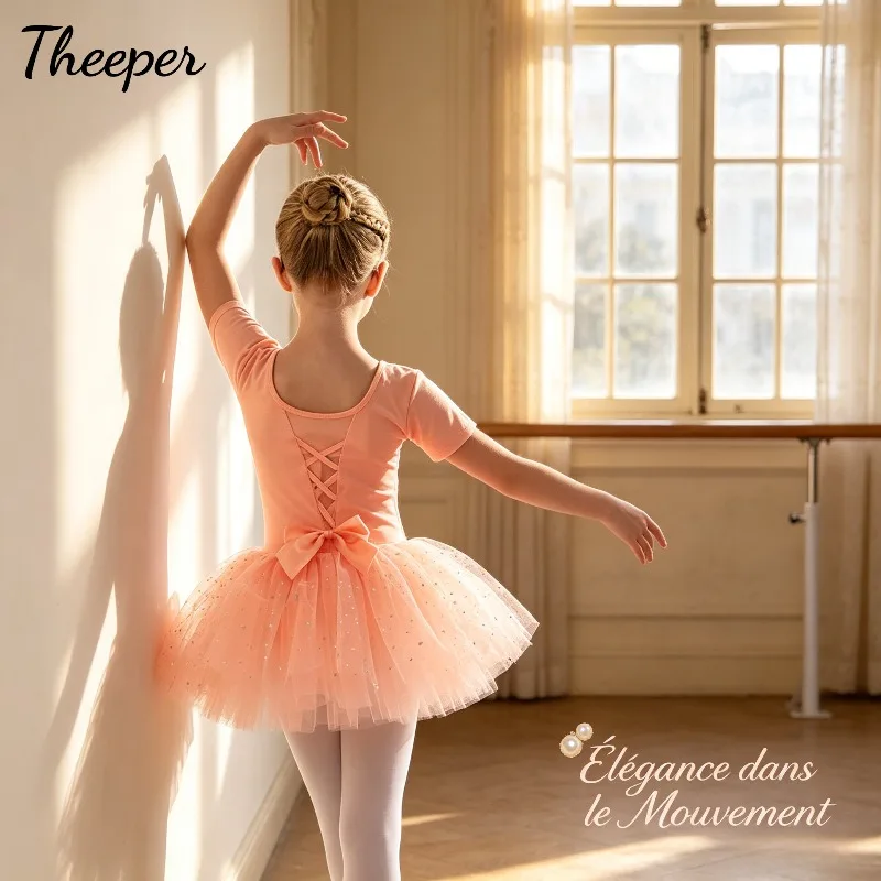 Orange Cotton Ballet Leotard Short Sleeve Tulle Tutu Skirt Soft Dancewear Training Exam Daily Practice Stage Performance Outfit