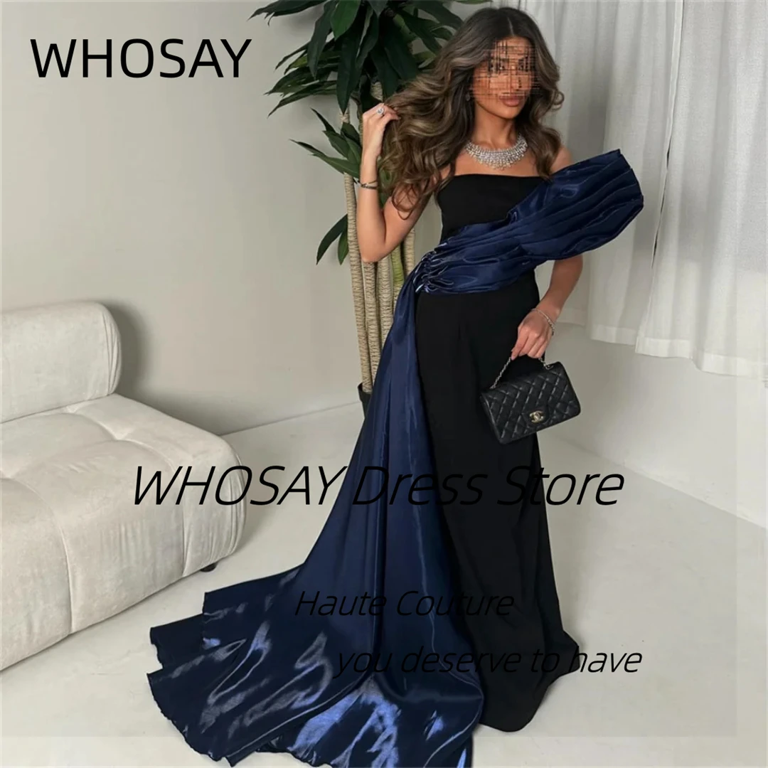 

WHOSAY Strapless Black Prom Dresses Contrast Color Ruched Flutters Train Evening Dress Sexy Back Saudi Party Gowns Customized