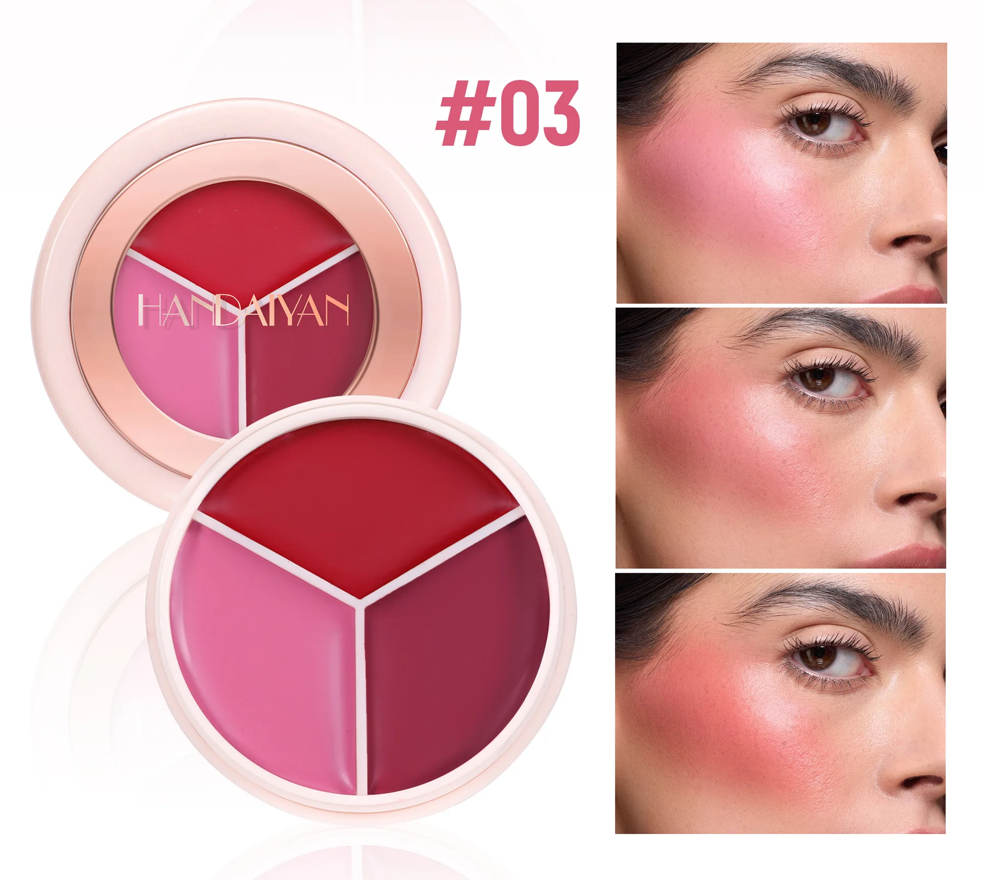 Flüssiges Gesichtsrouge, 3-farbig, vielseitig einsetzbar, mattes Rouge, Creme, Highlight-Lippenrouge, 3-in-1, wasserfest, natürlich, seidig, hochpigmentiertes Make-up