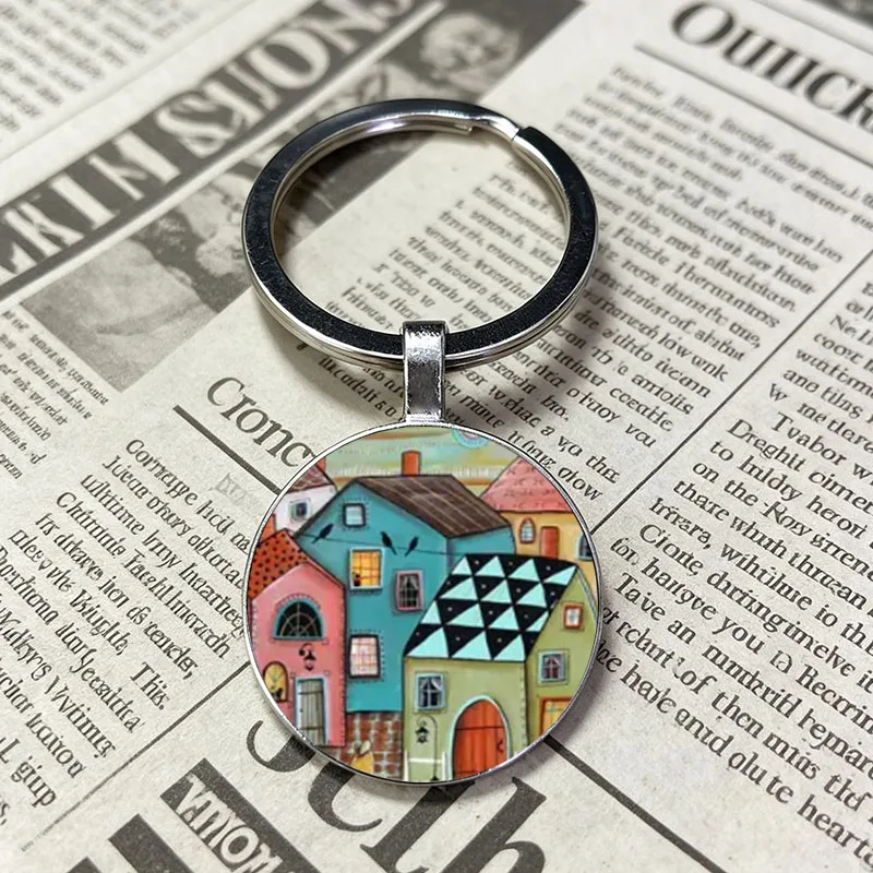 Beautiful Flower Cabin House Pattern Keychain Glass Cabochon Round Key Ring Cute Fashion Jewelry Gift For Women Girls