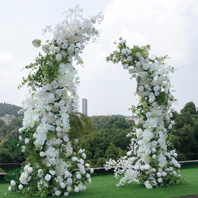 Outdoor Artificial Flower Runner Wedding Green Leaves White Roses Arch Flower Arrangements, Dance Flower Rack Exhibition