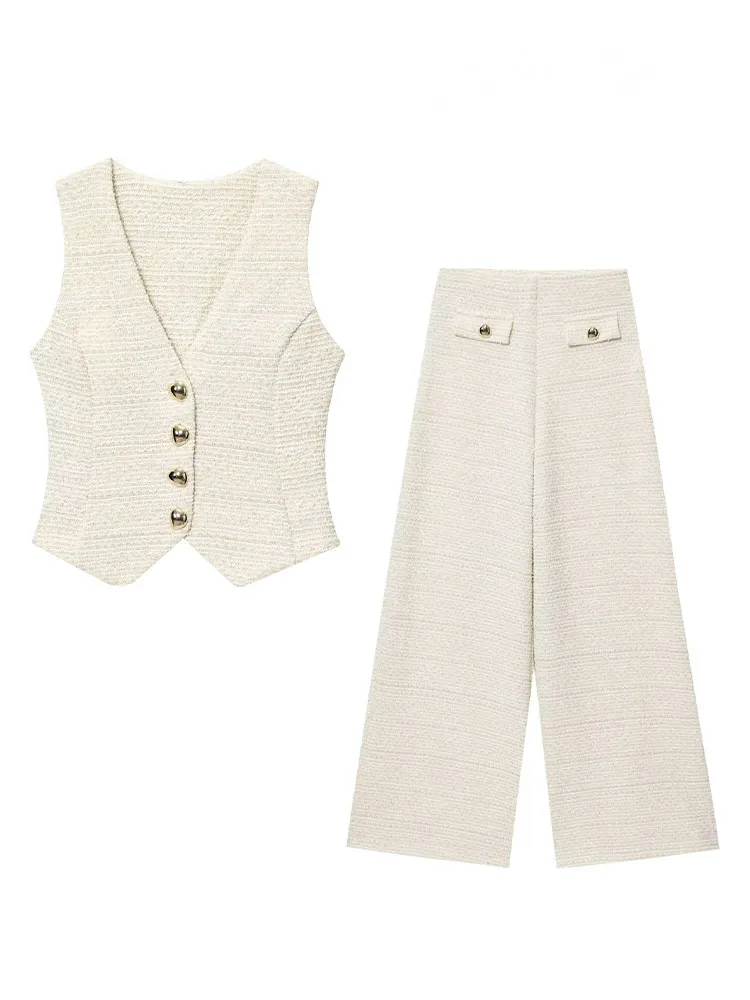 

HH Women Solid 2-Piece Set Chic Single-breasted Sleeveless V-Neck Vest+Summer High Waist Button Decoration Wide-leg Pants