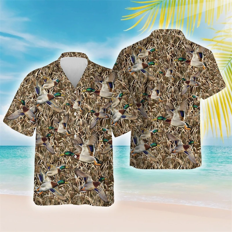 Camisas gráficas mallard de caça para homens roupas casuais blusa de lapela de pato havaiano masculino blusas de manga curta feminino botão topos