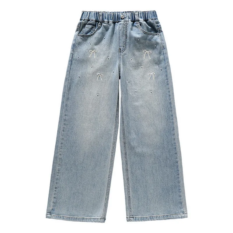 Kids Straight-leg Denim Pants with Bow Embroidery Beaded Grils Casual Wide-Leg Jeans Child Spring Fashion Korean Loose Trousers