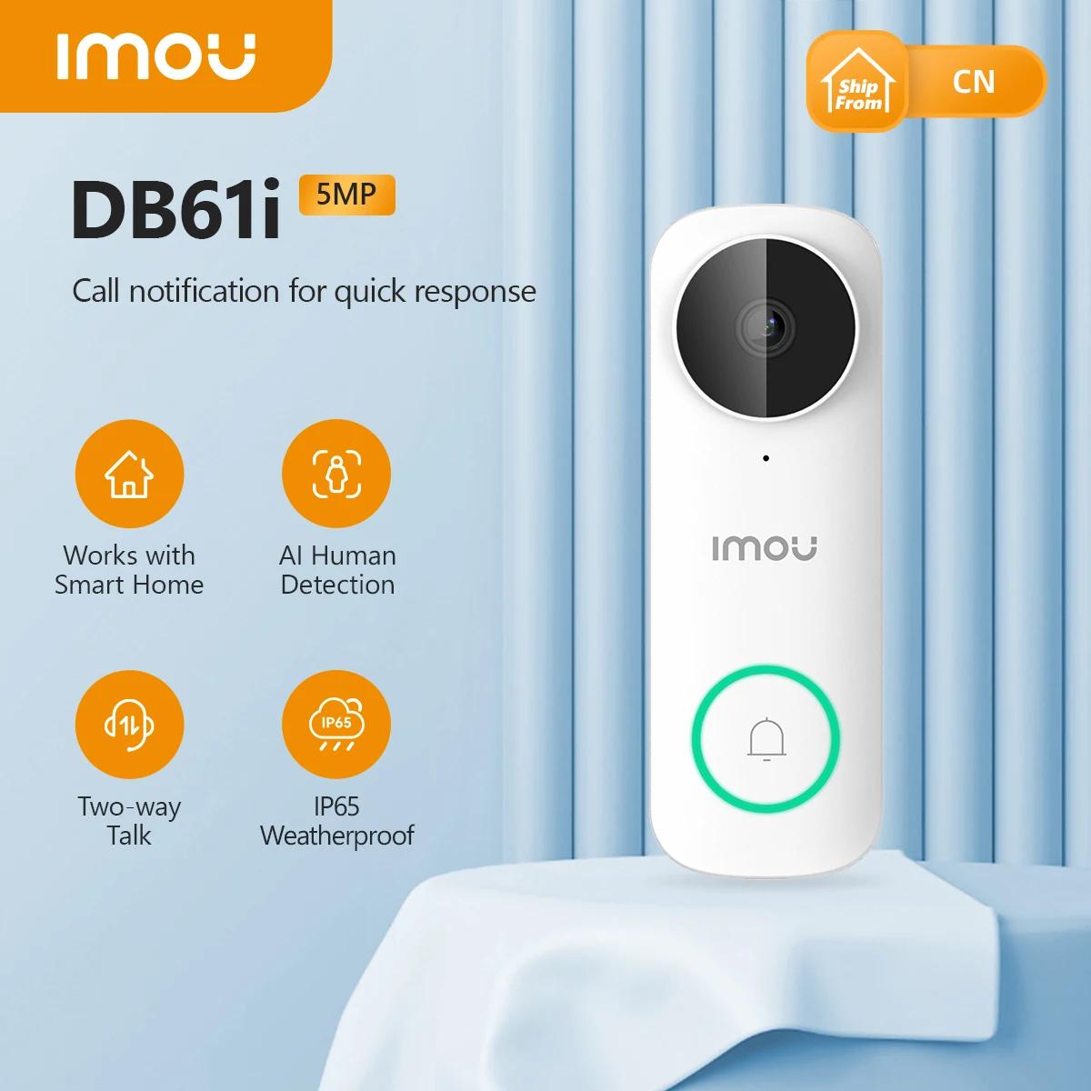 IMOU-Smart Home Video Campainha, Wired Video Security, Night Vision Proteção, IP65 À Prova de Intempéries Campainha Câmera, DB61i, 2K, 5MP