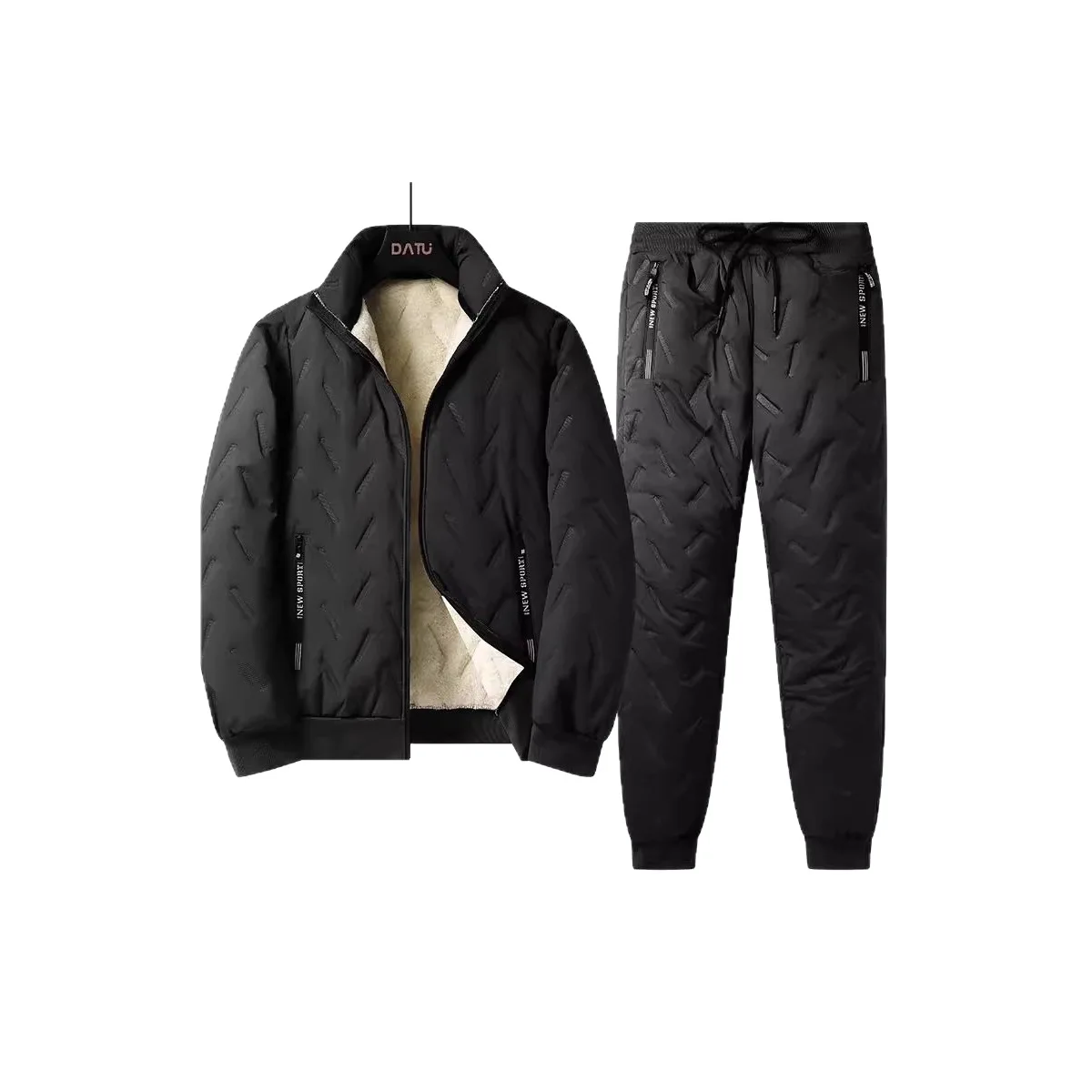 ชุดแจ็คเก็ตผ้าฝ้ายฤดูหนาวสำหรับผู้ชาย ชุดเสื้อโค้ทลำลอง 3 ชิ้น ผ้าฟลีซหนานุ่ม คอตั้ง บุขนแกะ