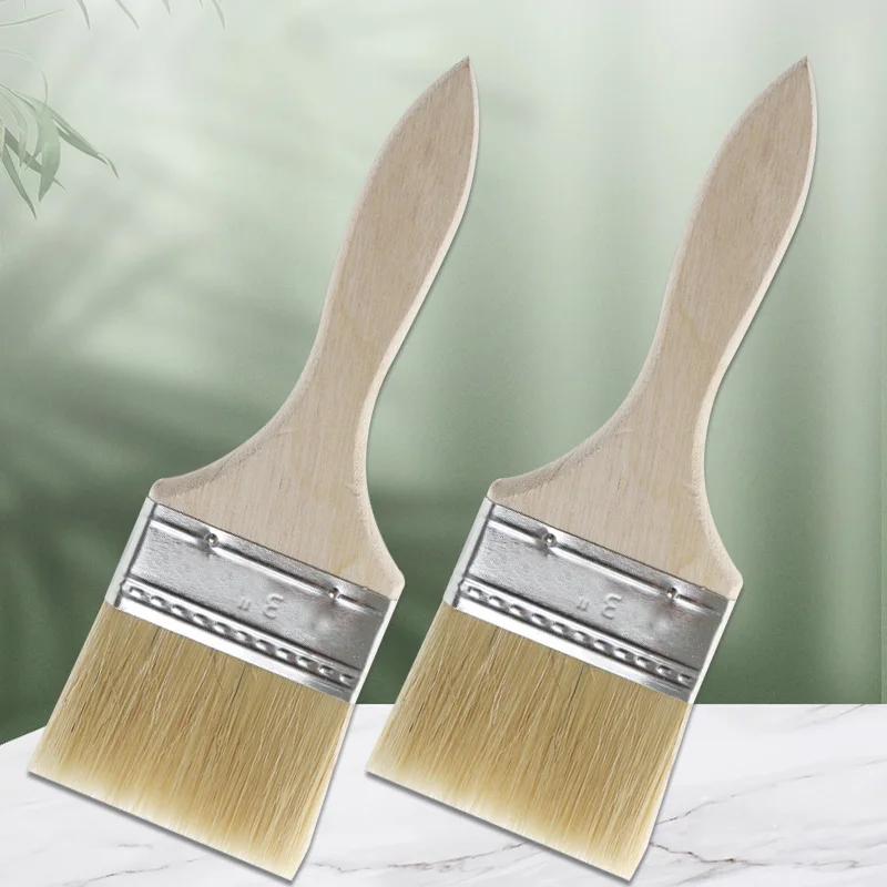 

2 hard bristled brushes with wooden handles, 3-inch paint brush, paint brush, cleaning brush