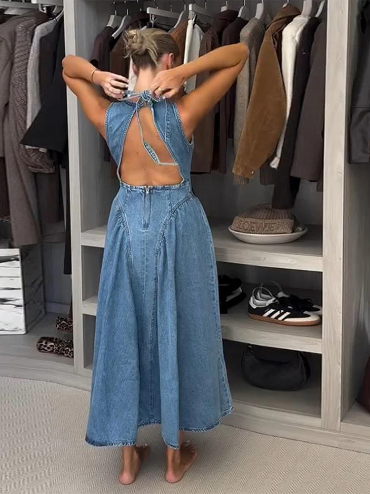 

Hollow Denim Dress Women Elegant Lace Up O-neck Sleeveless Backless High Waist A Line Dresses 2025 Summer New Chic Lady Vestidos
