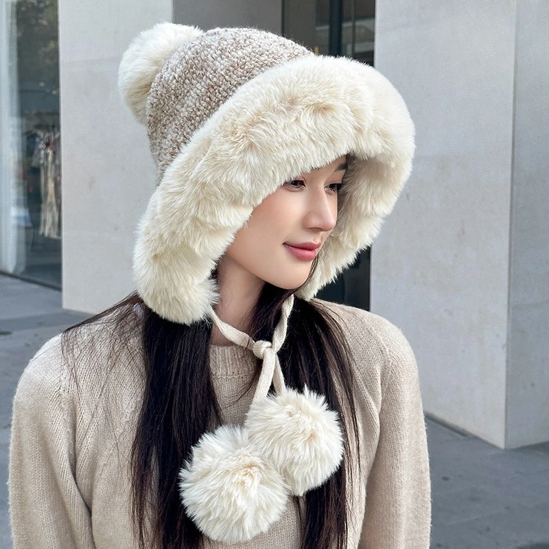 Upgrade Thickened Fur Collar Wind and Snow Knitted Hat Girls Korean Version of The New Ear Protector Plush Ball Wool Hat
