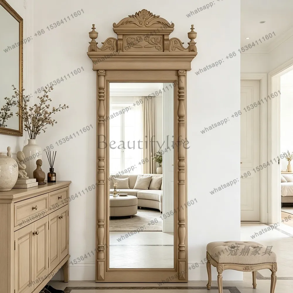 YJ French Retro Carved Irregular Full‑Length Mirror American Luxury Leaning Unit For Dressing Table Classical Home Wall Decor