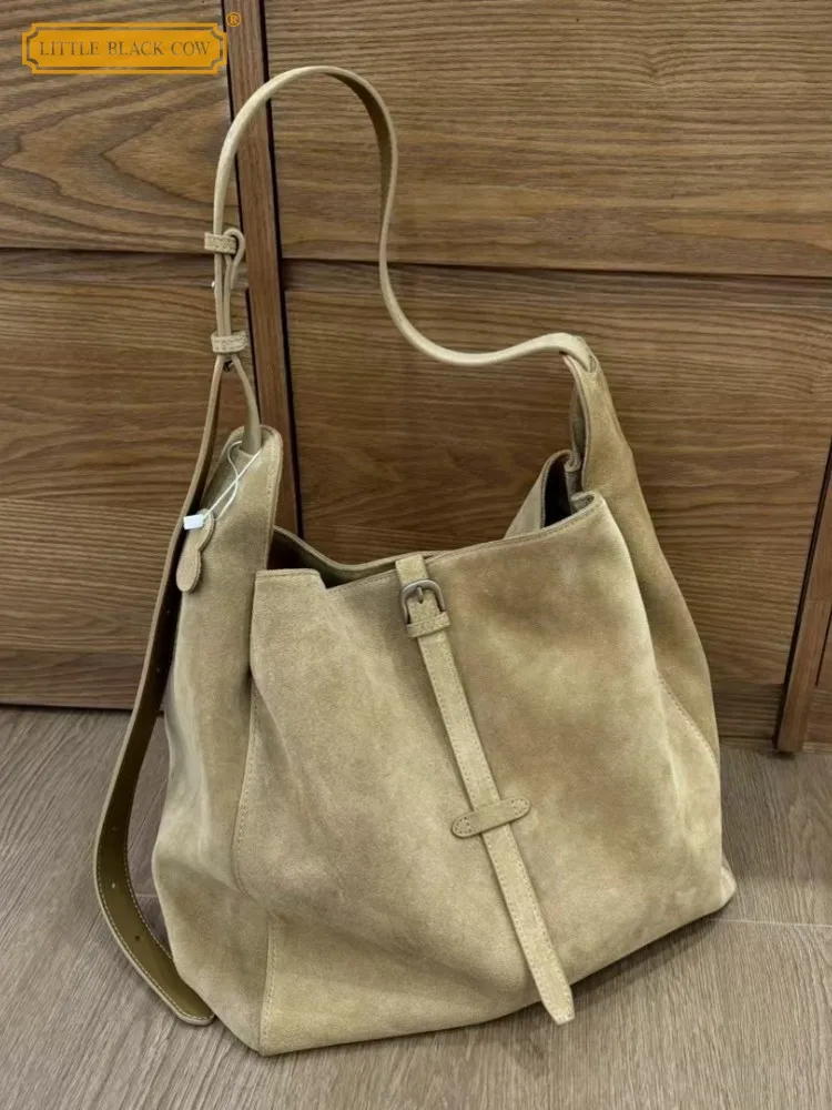 Casual Women Bucket Bag Vintage Solid Color Cow Suede Leather Versatile Fashion Ladies Single Shoulder Underarm Crossbody Bag
