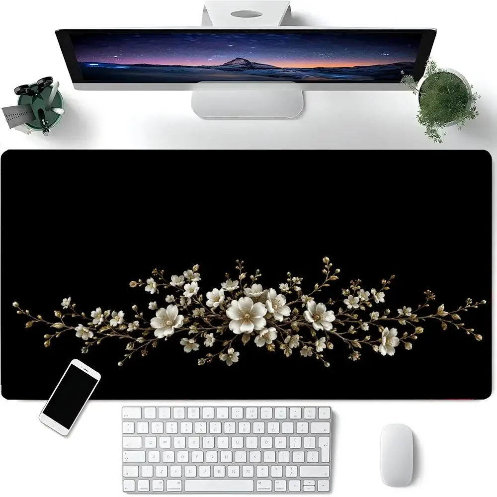 Noble Golden Leaf White Flower Branch Minimalist Black Background Premium Large Gaming Mouse Pad Wear Resistant Desktop Pad