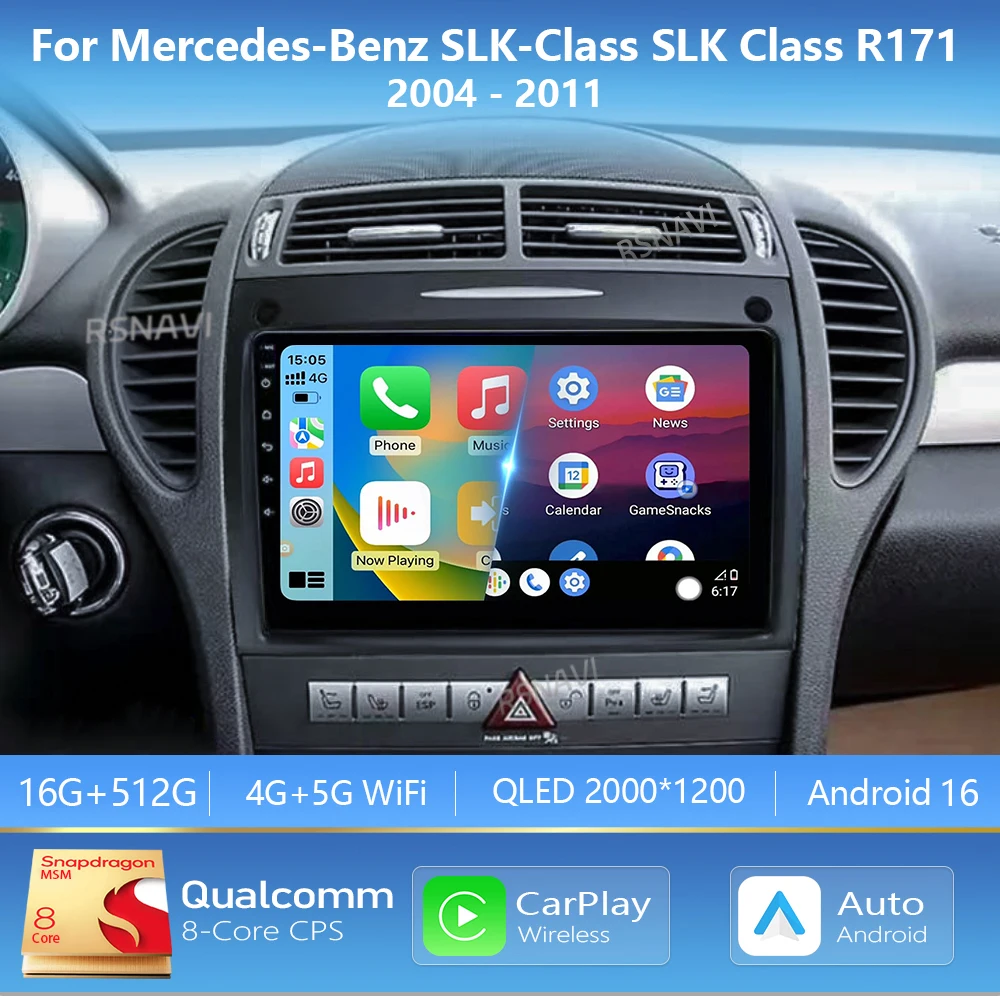 Autoradio Android 16 com Carplay e tela 2K para Mercedes-Benz SLK-Class SLK Class R171 2004 - 2011, reprodutor multimídia automotivo.