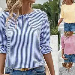 Women's Blouses Summer New Fashion Blue Striped Button Folds O Neck Short Sleeve Pullover Tops Elegant Casual Shirts For Women