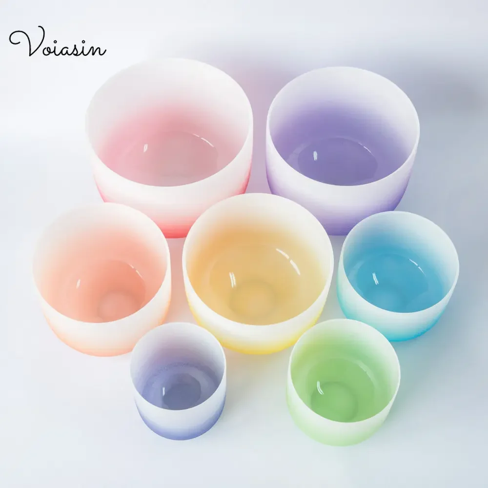 Set of 7Pcs Gradient Ramp Colour Quartz Crystal Singing Bowls432Hz 440Hz 6-12inch Yoga Meditation with Free Case Set