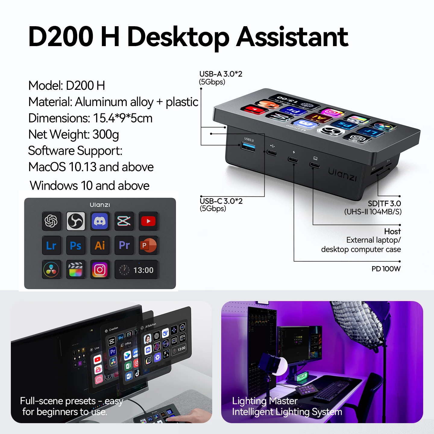 Ulanzi D200 StreamDeck Visueel toetsenbord 13-toetsen LCD-knopproductieconsole voor live streaming Studio Inhoudscreatie voor Mac