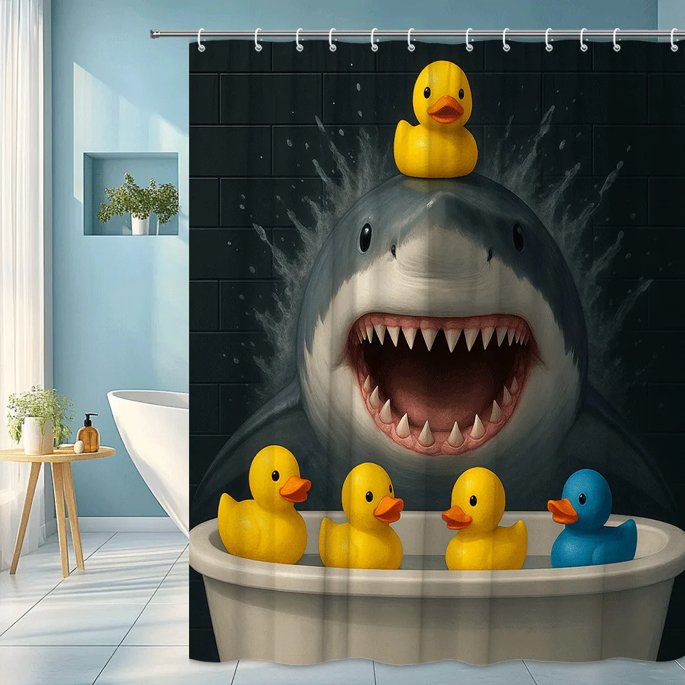 Funny Cartoon Shark Attack Ducks Print Shower Curtain Waterproof Polyester Bathroom Novelty Decorations for Kids Family Home