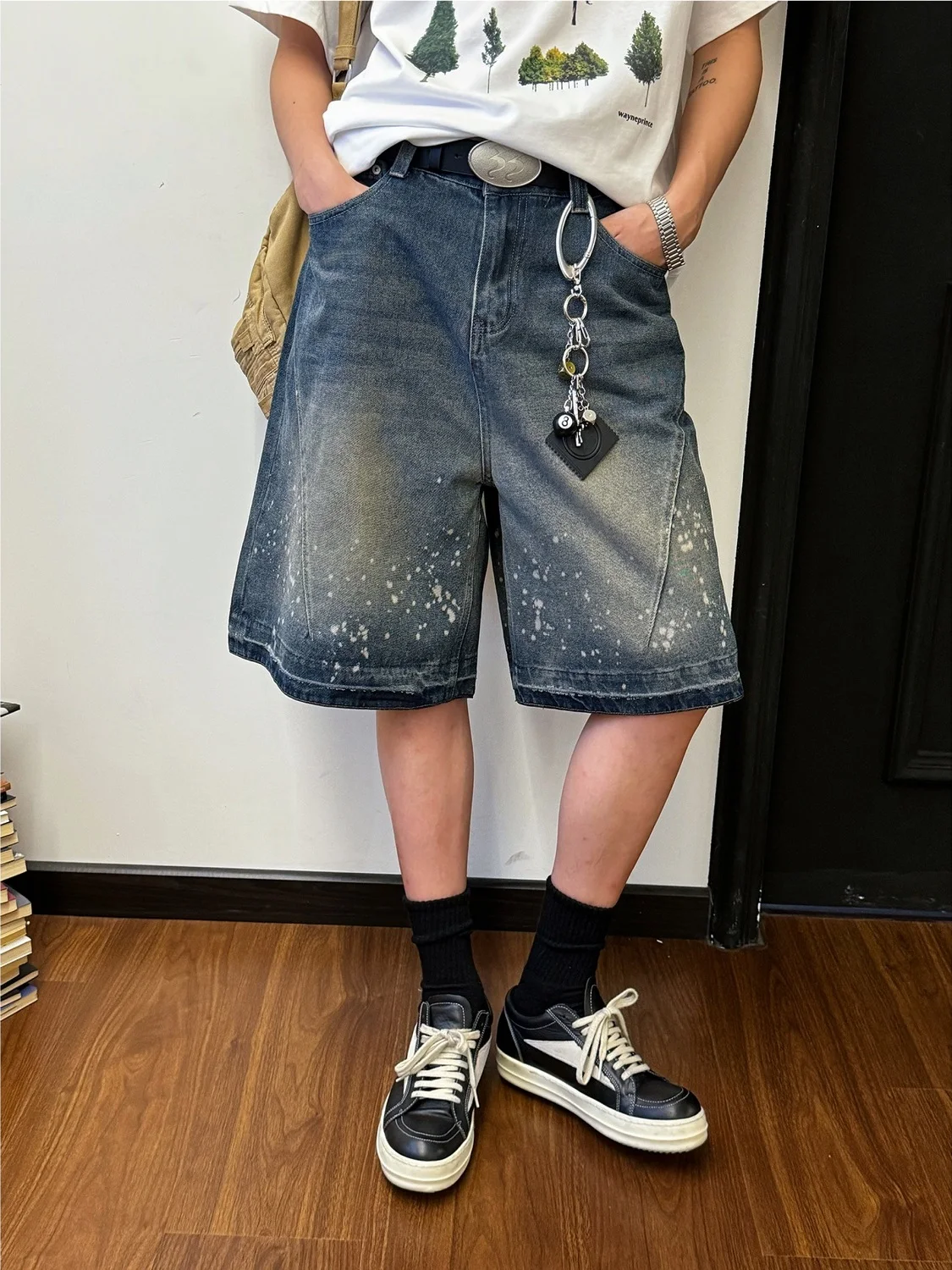 

Джинсы с распылителем чернил в стиле ретро, американские, свободные, прямые, повседневные, с широкими штанинами, с пятью точками, летние, модные, ex orts