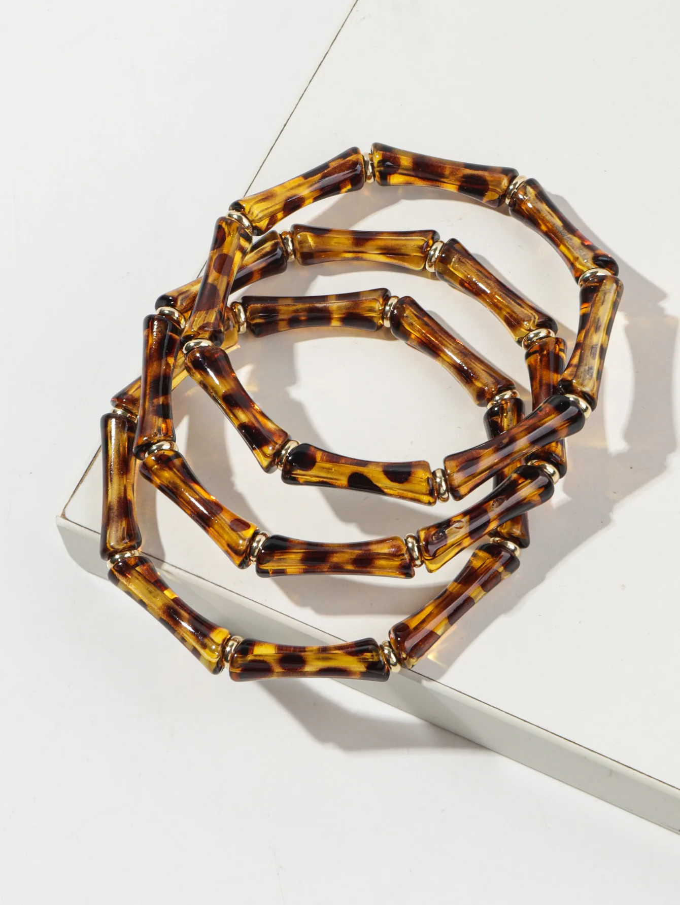 3pcs Leopard Acrylic Bamboo Women\'s Hand Bracelets Retro Stack Thin Tube Beaded Elastic Bracelet Bangle Couple Jewelry Gift