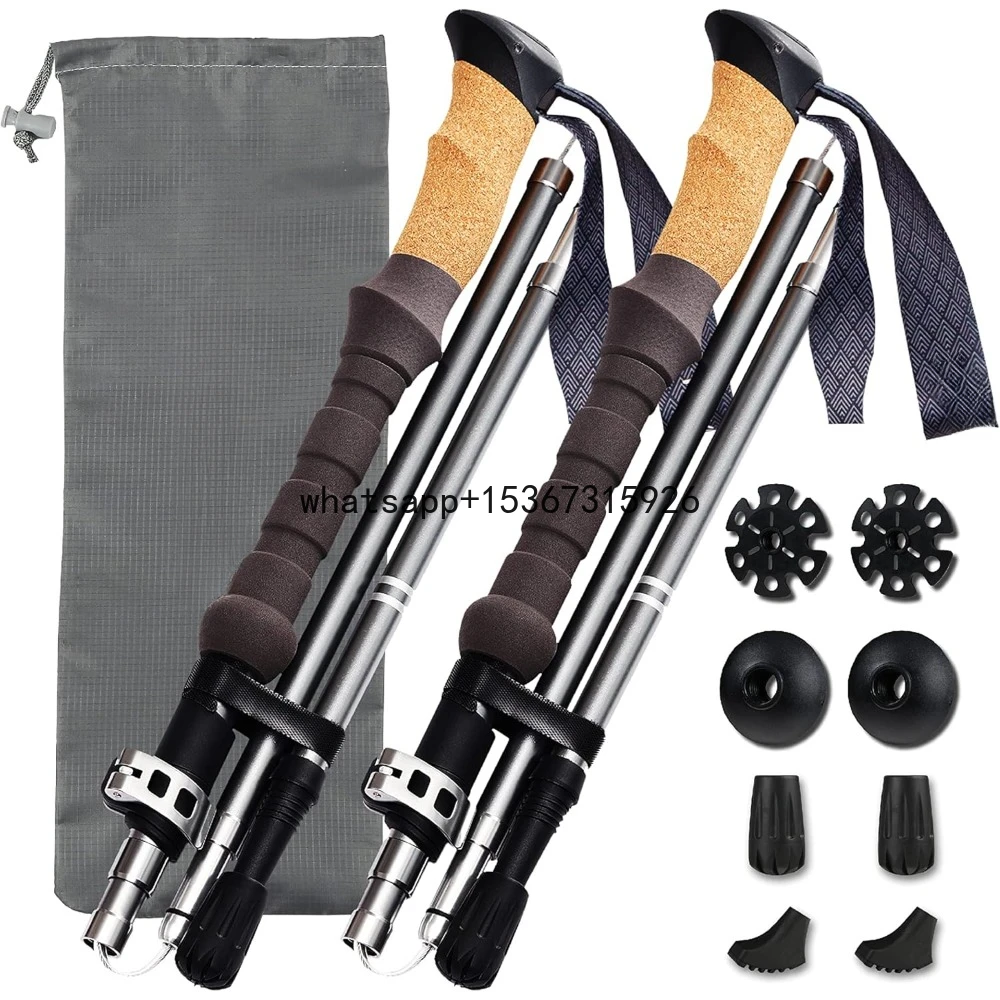 Trekking Poles Collapsible Nordic Hiking Poles - Cork Handle 2pc Ultralight Folding Walking Sticks, Lightweight Hiking Sticks