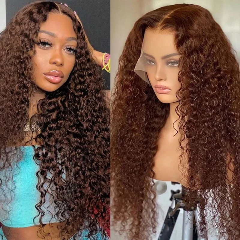 

26-дюймовый парик из синтетических волос цвета шоколадно-коричневый, 13X4, с HD-кружевом, глубокая волна, фронтальный парик, бразильские кудрявые волосы, высокая плотность, для женщин