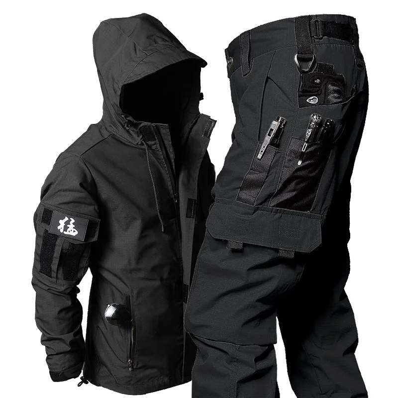 Autumn Tactical Sets Men Military Windproof and Waterproof Hooded Jackets+Loose Hard-wearing Multi-pocket Cargo Pants Two-piece