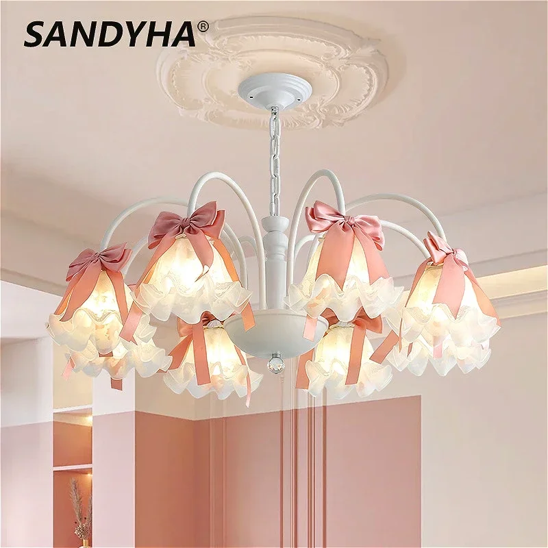 

SANDYHA Modern Cream Pendant Light Pink Bow Romantic Chandelier for Girls Children's Room Bedroom Dining Table Led Hanging Lamp